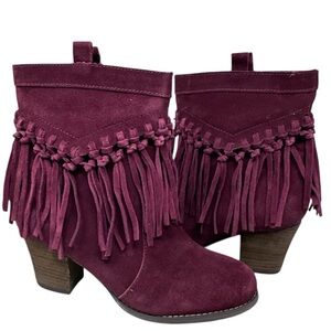 SBicca Wine Red Genuine Suede Leather Fringe Ankle Boots Booties 8.5